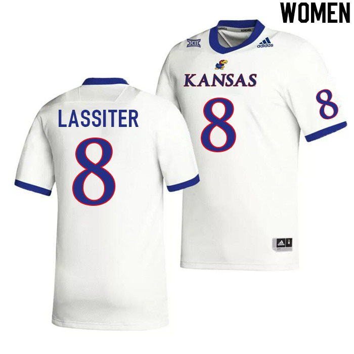 Women #8 Kwinton Lassiter Kansas Jayhawks College Football Jerseys Stitched Sale-White